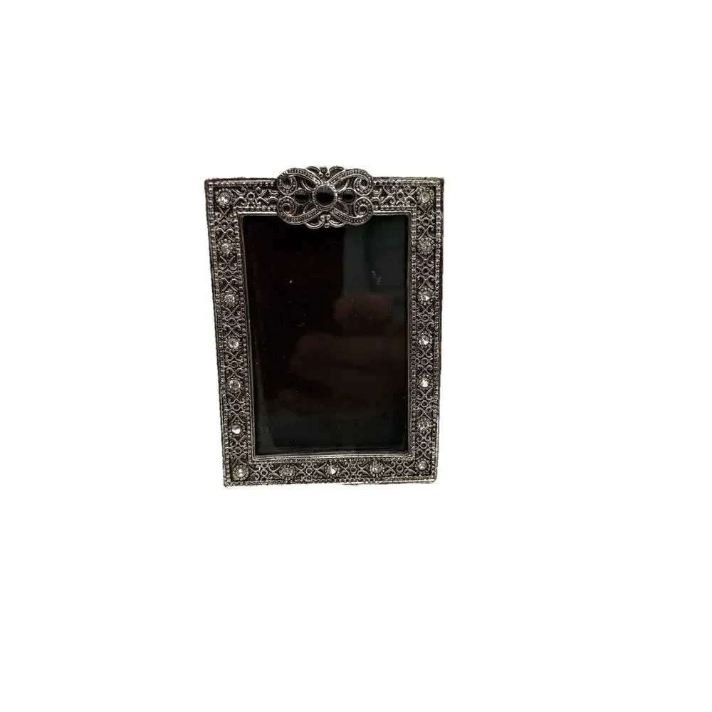Vtg Silver Tone Small Picture Frame 2.5” x 3” Scrollwork Rhinestone Art Deco EUC